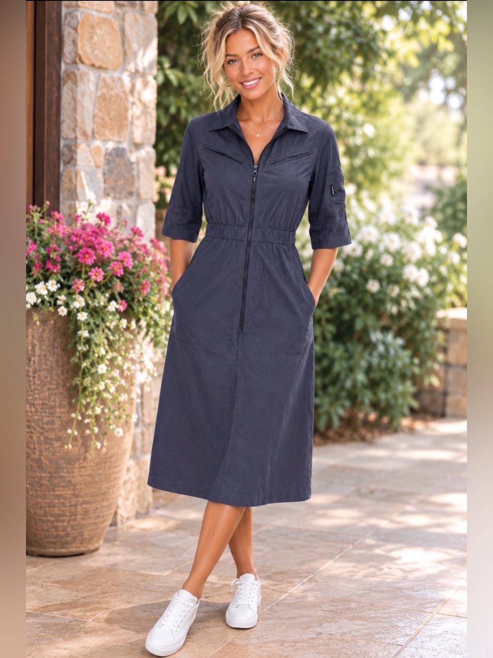 G-Star Navy Zip-Front Collared Midi Dress